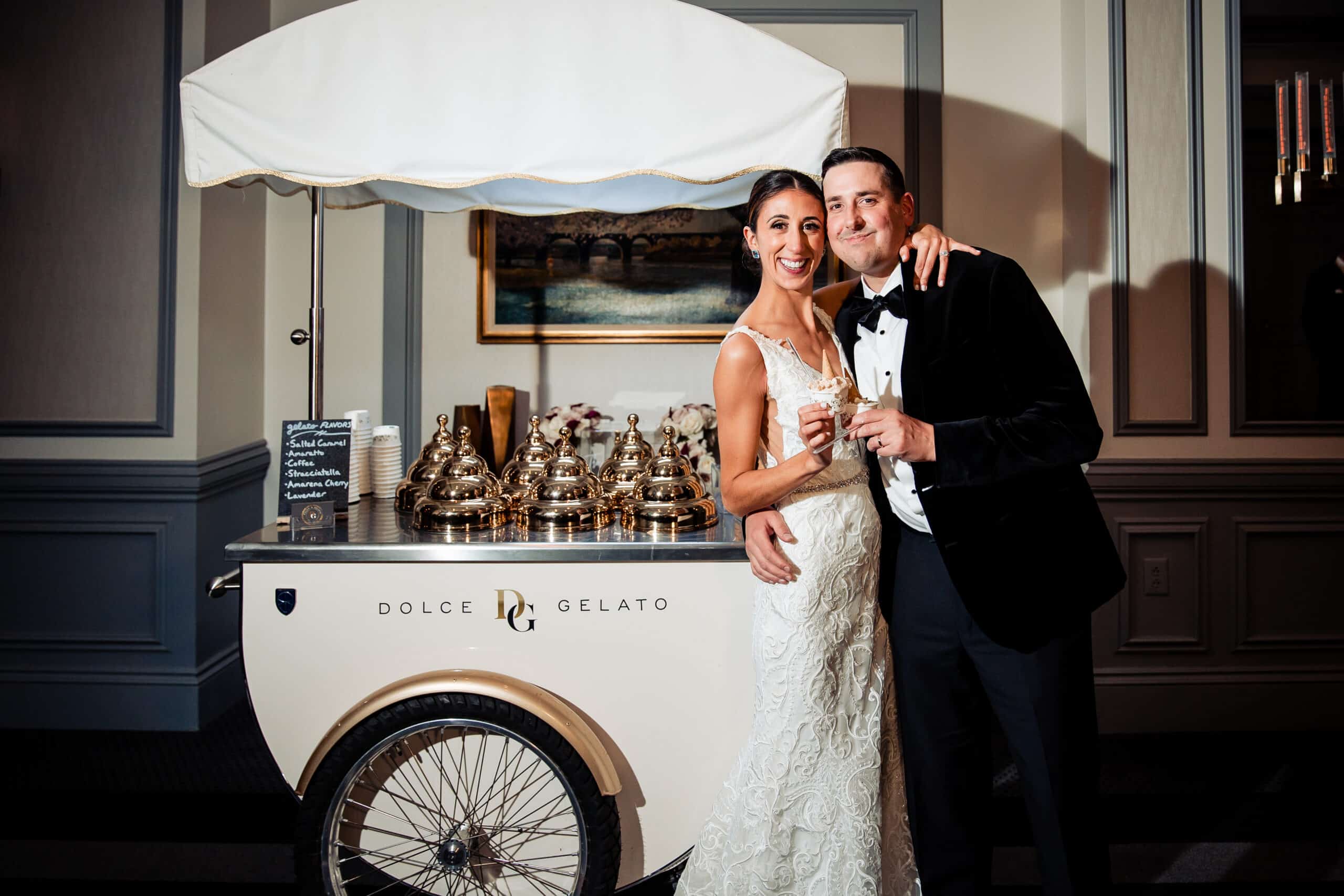 Stephanie and Brian enjoying gelato during their wedding at the Rittenhouse Hotel in Philadelphia.